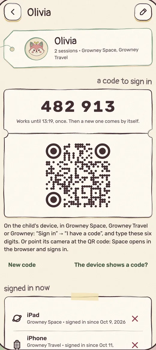 Sign-in code and QR for a child