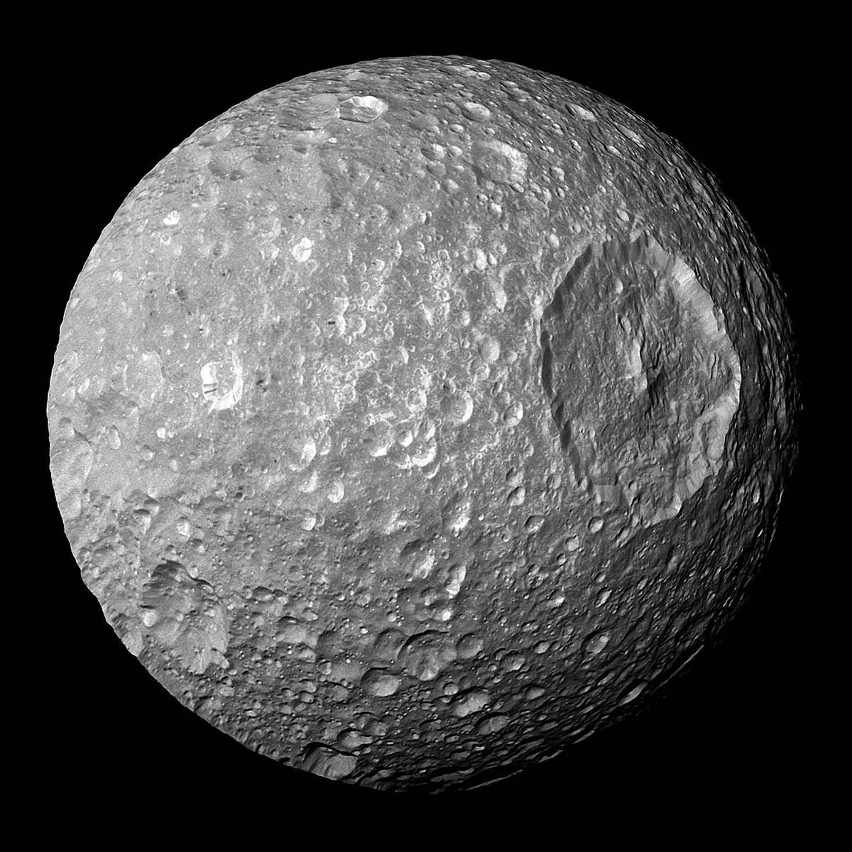 Mimas, a moon of Saturn, with its huge crater